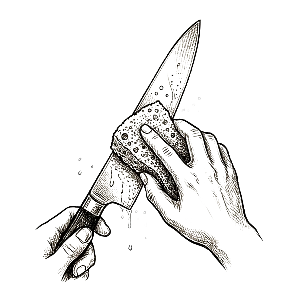 Icono de limpieza de cuchillo Filopampa, indica lavado adecuado del cuchillo